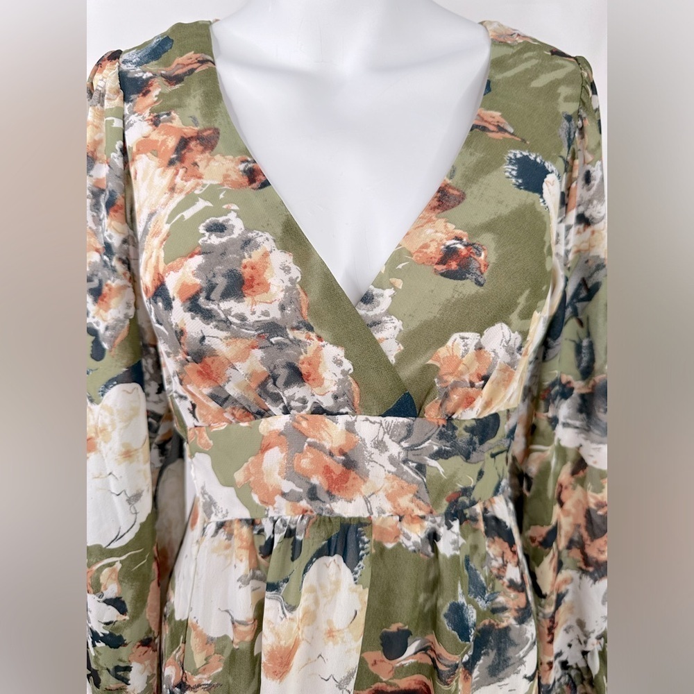 Betsy Johnson Boho Olive Green Floral Ruffle Mini Dress Bell Sleeves Size 8 - Picture 4 of 14
